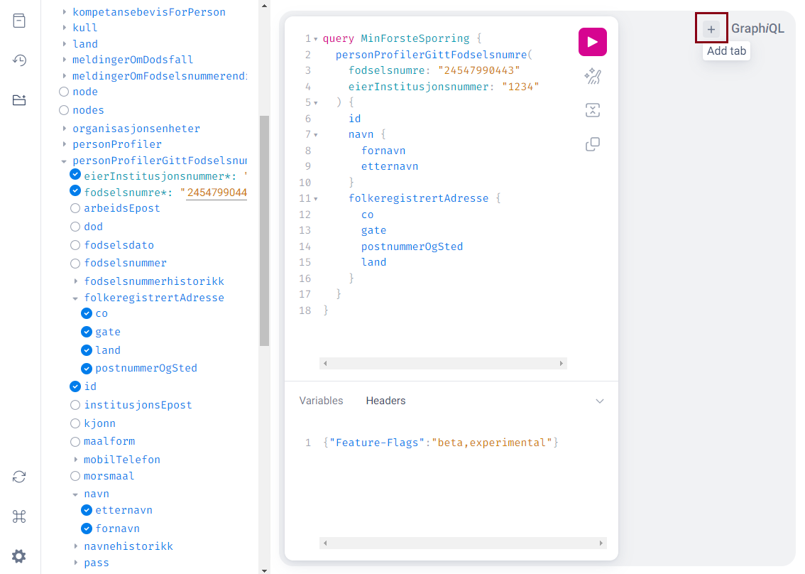Skjermbilde fra GraphiQL som viser plasseringen av knappen "Add tab"